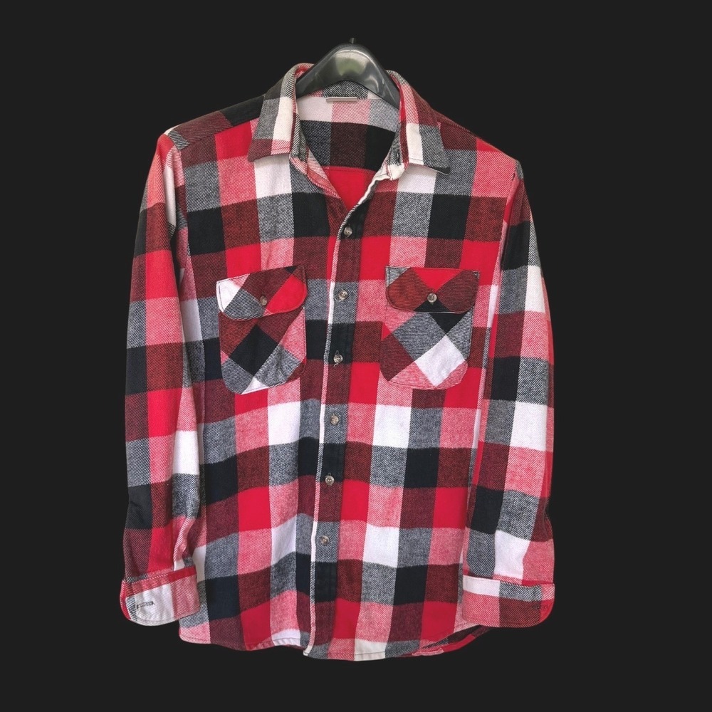 90's Five Brother Red Black White Buffalo Plaid Flannel Work Shirt Size M USA